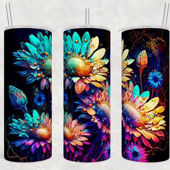 Handmade Neon Daisy Flowers 20oz Straight Tumbler with Straw included - Picture 1 of 1